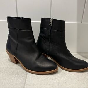 Poppy Barley Black Leather Ankle Boots with Tan Wood Heel